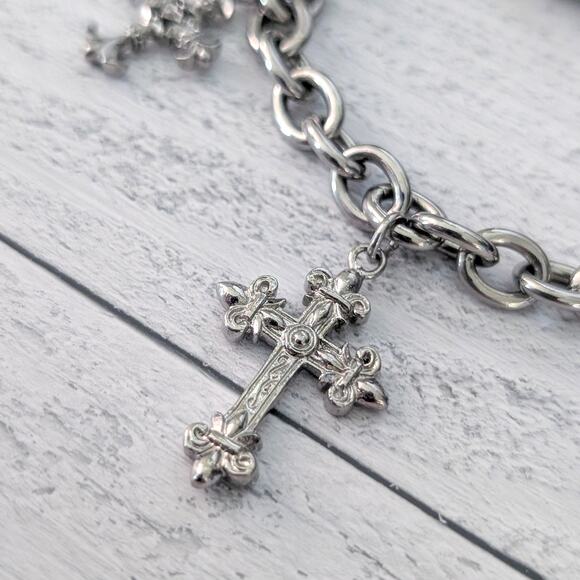 Stainless Steel Bracelet with Ornate Cross Charms - Picture 4 of 8